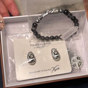 Park Lane Black Beaded Bracelet and Silver Crystal Accent Earrings Set